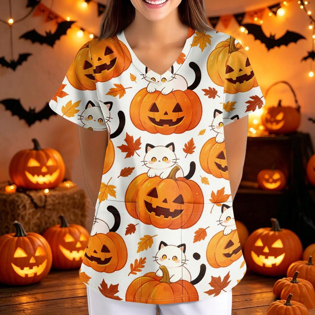 Women V Neck Short Sleeve Scrub Top with Halloween Print Loose Fit Nursing Uniform with Pockets for Healthcare Work