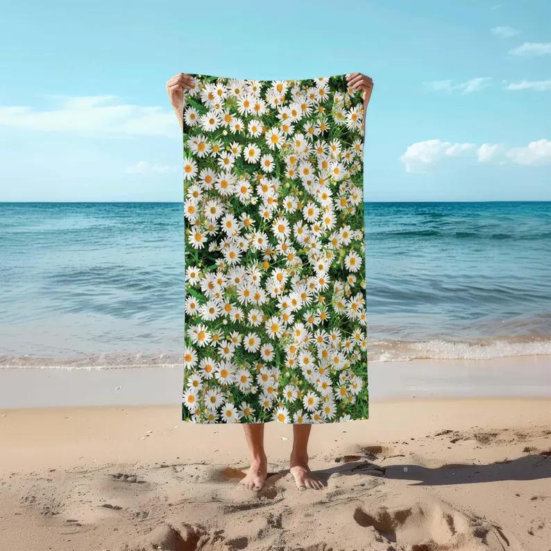 Asciugamano da Spiaggia Retrò Anni '70 con Stampa Margherita, Motivo Floreale Boho, Asciugatura Rapida, Morbido, Assorbente, Senza Sabbia, per Vacanze Estive in Spiaggia