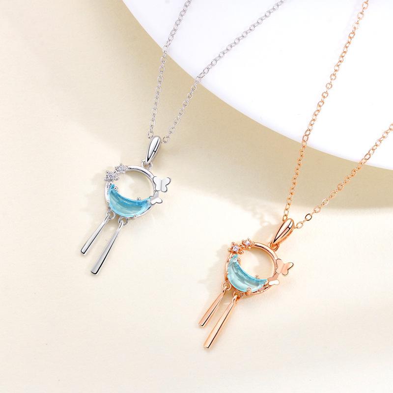Women's Starry River Butterfly Tassel Necklace: S925 Sterling Silver with Star, Moon, and Zircon Accents