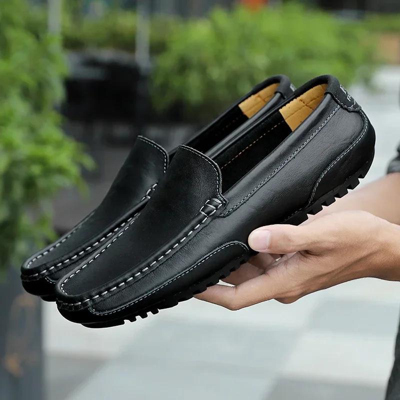 Genuine Leather Men Casual Shoes Luxury Brand Breathable Slip on Black Driving Shoes Soft Men Loafers Moccasins Plus Size 37-47