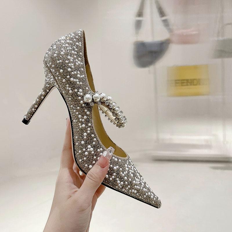 Fashion Bridesmaid Banquet High Heels, Women'S Thin Heels, Bride'S Wedding Shoes, Dress, Pearl And Crystal, Single Shoes For The Annual