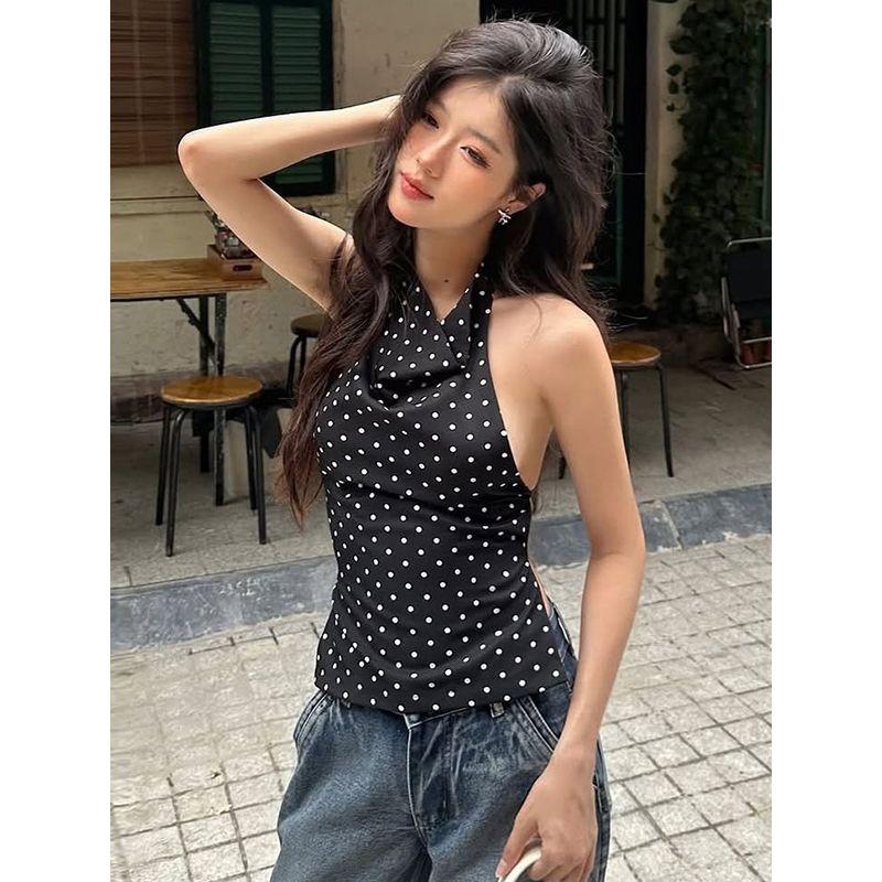Gusty Korean Chic Hot Girl Style Vintage Polka Dot Print Halter Camisole Pure Sexy Backless Top