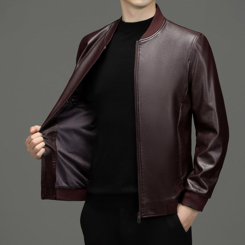 Echtlederjacke Herbst und Winter Slim Motorradanzug Mittelalterlich Lässig Baseballkragen Herren Lederjacke Papa-Kleidung