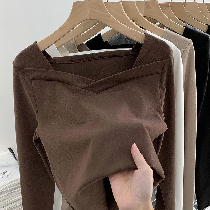 Outono/Inverno Feminino Veludo Alemão Gola Quadrada Ajustado Top Irregular