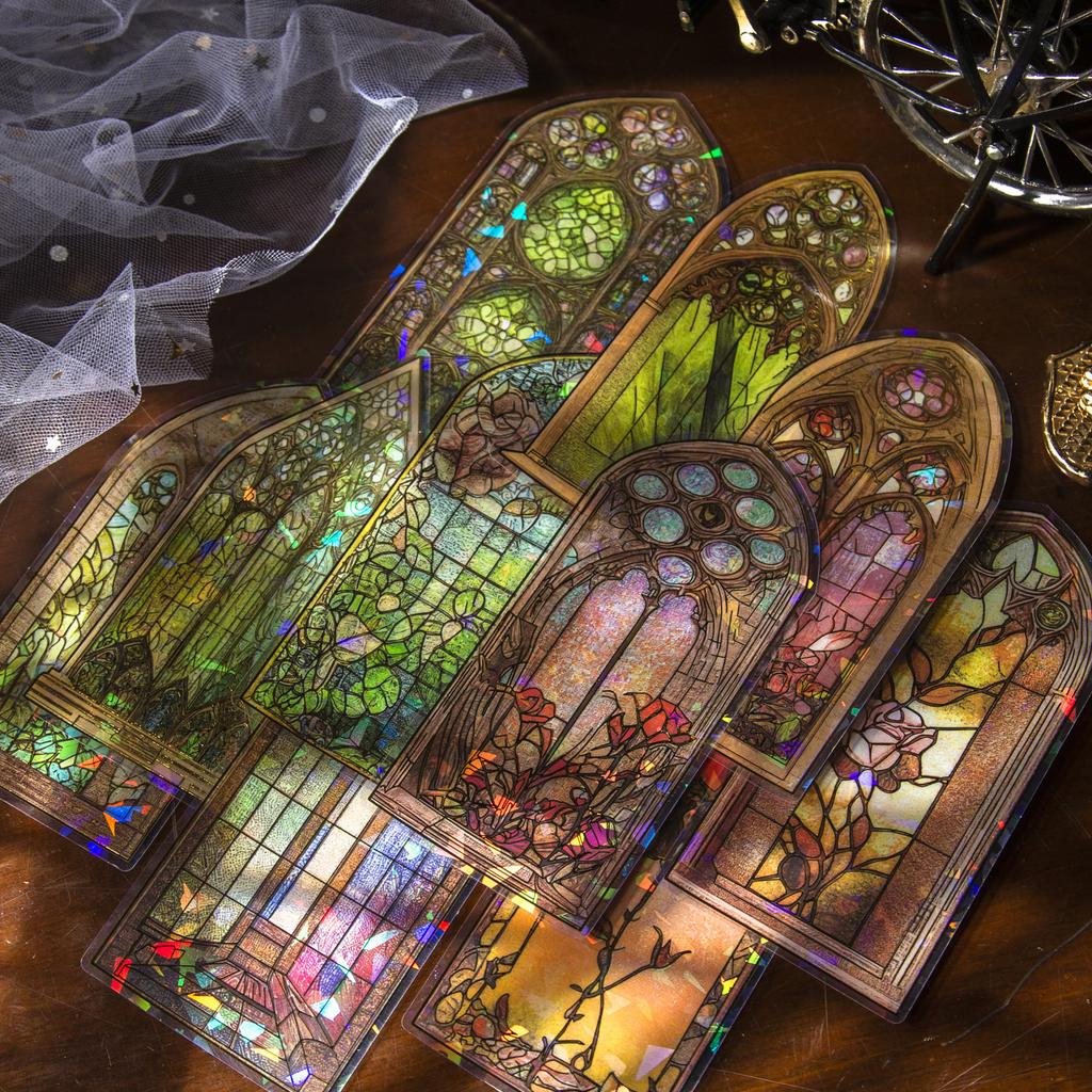 10pcs Glazed flower window series stickers retro hand account European style flower window bronzing PET material stickers