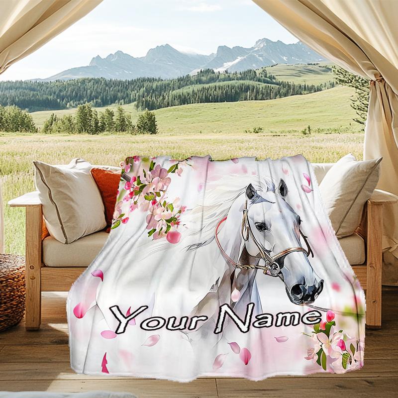 1PC Custom Name "Cherry Blossom Horse Dream" Outdooor Flannel Blankets Patterns Throw Blanket All-Season Soft Gift for Couch, Bed, Camping Gifts