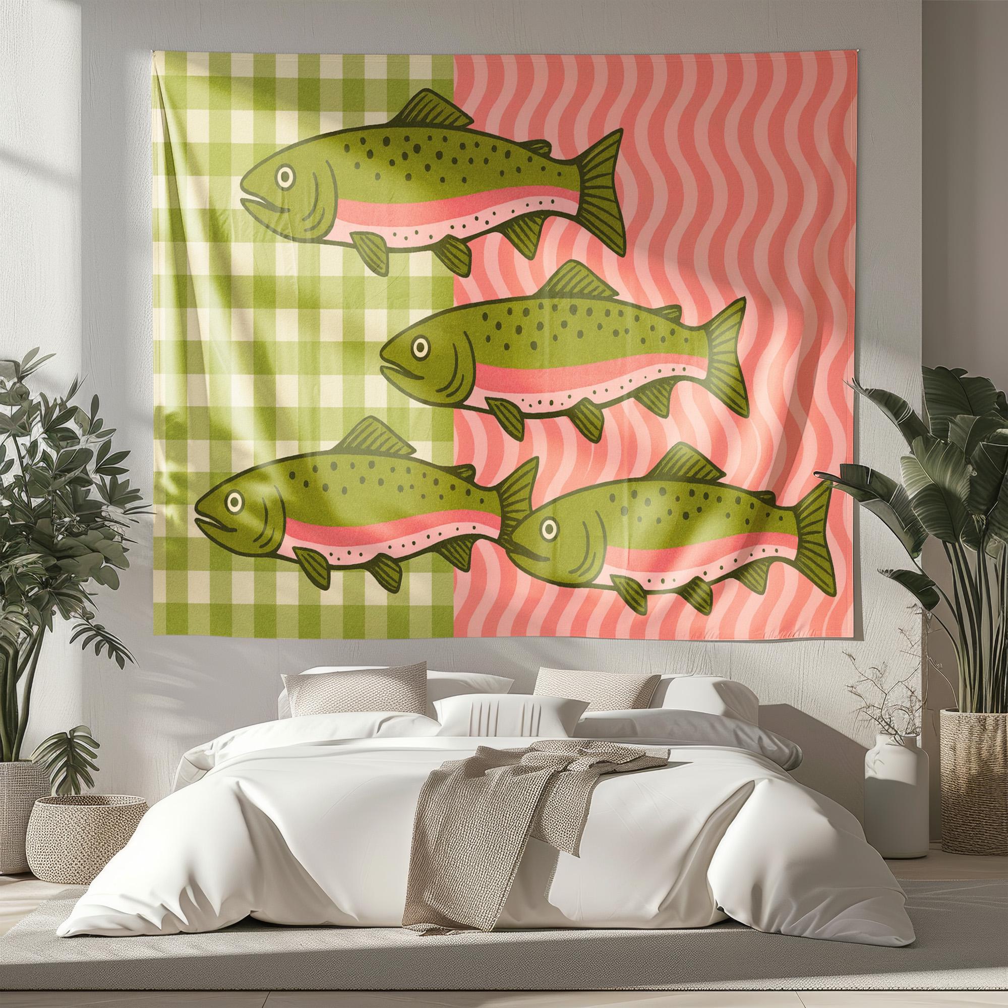 American Retro Rainbow Trout Tapestry Grid Wave Pattern Background Fabric Atmosphere Decoration Room Decoration 100X70CM