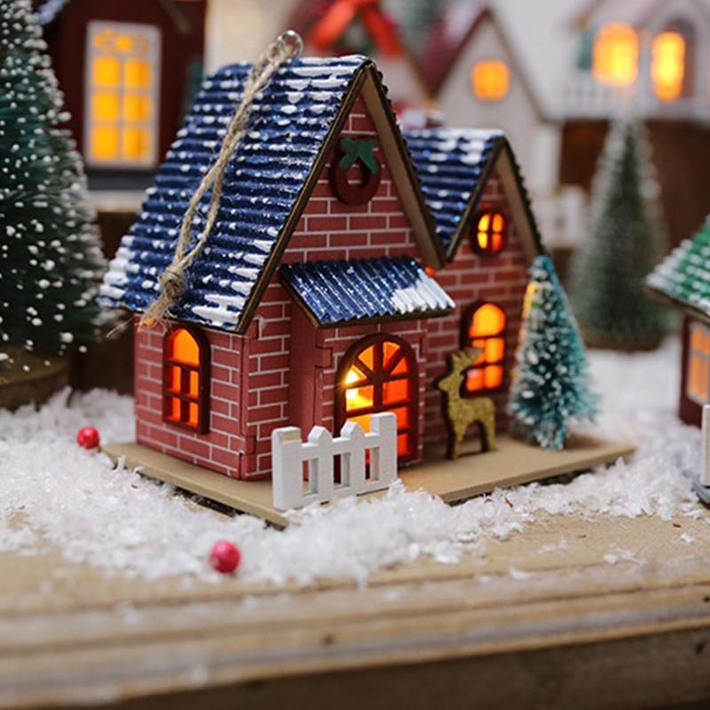 Led Ahşap Noel Evi Mini Noel Kar Evleri Ahşap Kış Köyü Bina Figürinleri Masa Süsleri Tatil Partisi Dekoru