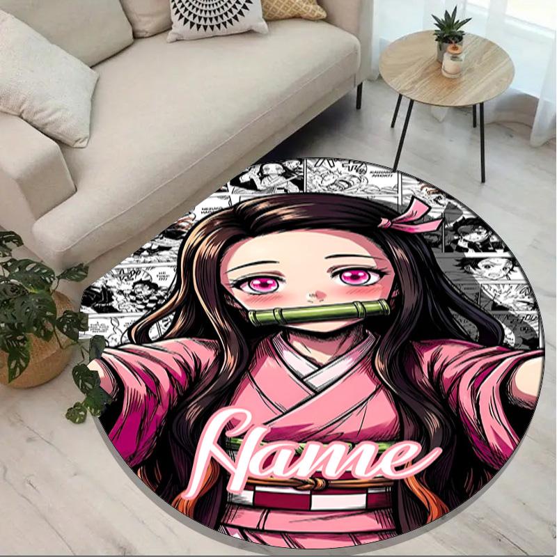 Custom Name Personalized Demon Slayer Print Round Rug, Versatile Home Decor Carpet, for Playroom, Apartment, Balcony, Entryway, Hallway Gift