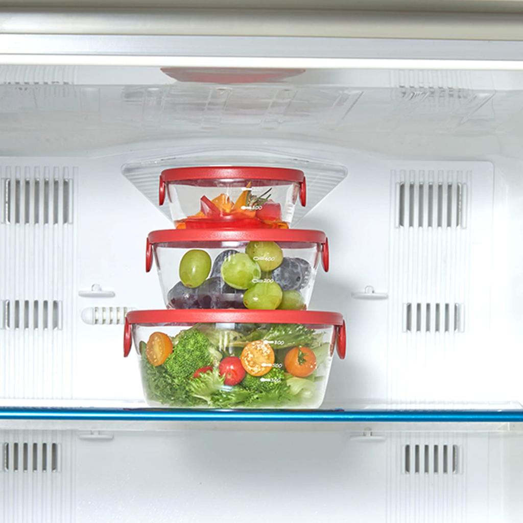 HARIO Glasförvaring Tillverkad i Set om 3 Värmetålig Behållare, Röd, Japan, SYTN-2518-R,