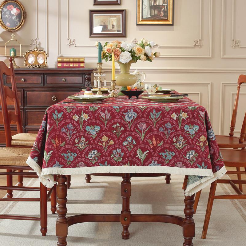 Retro Polyester Cotton Color Woven Jacquard Plant Fan-Shaped Flower Fringed Tablecloth Rectangular Coffee Table Tablecloth Dining Table Cloth