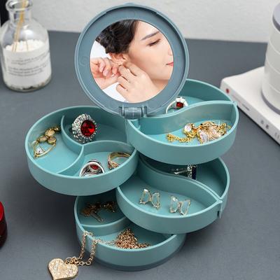 Jewelry Storage Box Plastic Multi-Layer Dustproof Moisture-Proof 360-Degree Rotation Jewelry Organizer with Built-In Mirror