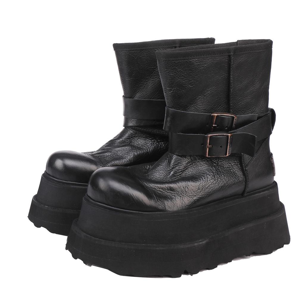 Women's 2025 Height-Increasing Martin Boots - Washed Cowhide Platform Ankle Boots with Buckle and Thick Sole