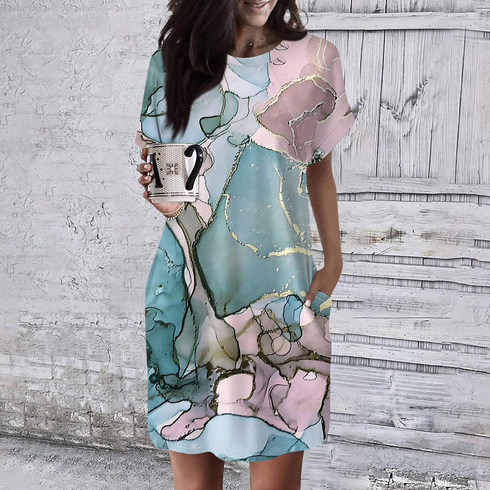 

Жіноча сукня з круглим вирізом і короткими рукавами, повсякденні літні сукні-туніки Вільна сукня з кишенею XL