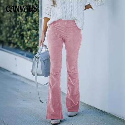 Spring and Autumn Women's Plus Size Solid Colour High Waist Slim Micro Flare Pants Corduroy Elastic Waist Casual Pants