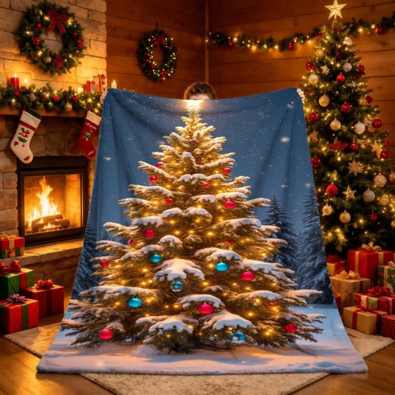Snow?Covered Christmas Tree Throw Blanket, Soft Warm Bed Couch Cover, Winter Snow Scene Home Decor