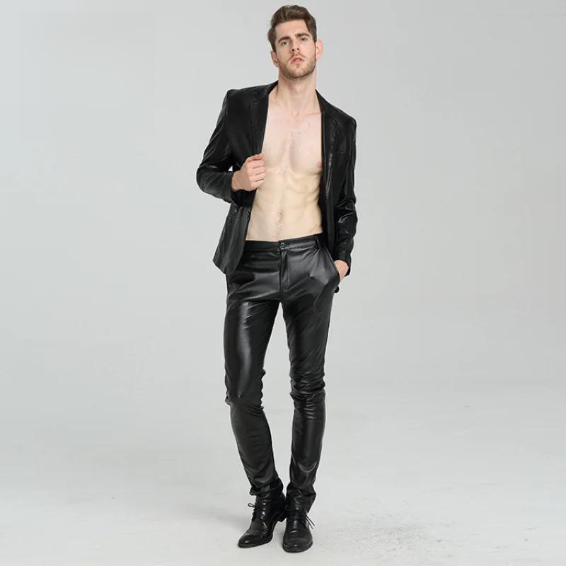 

Мужская весенне-осенняя одежда Эластичные кожаные брюки Облегающий крой Тренд Облегающие повседневные кожаные брюки для мужчин ПУ Мотоциклетные брюки 28 чёрный