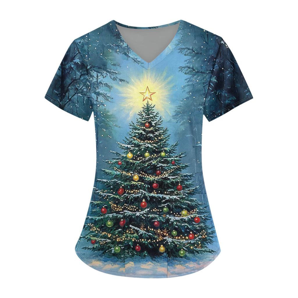 Hauts d'uniforme de travail imprimés grande taille pour femmes, col en V croisé, imprimé Halloween, manches courtes, t-shirts amusants, t-shirts de travail avec poches