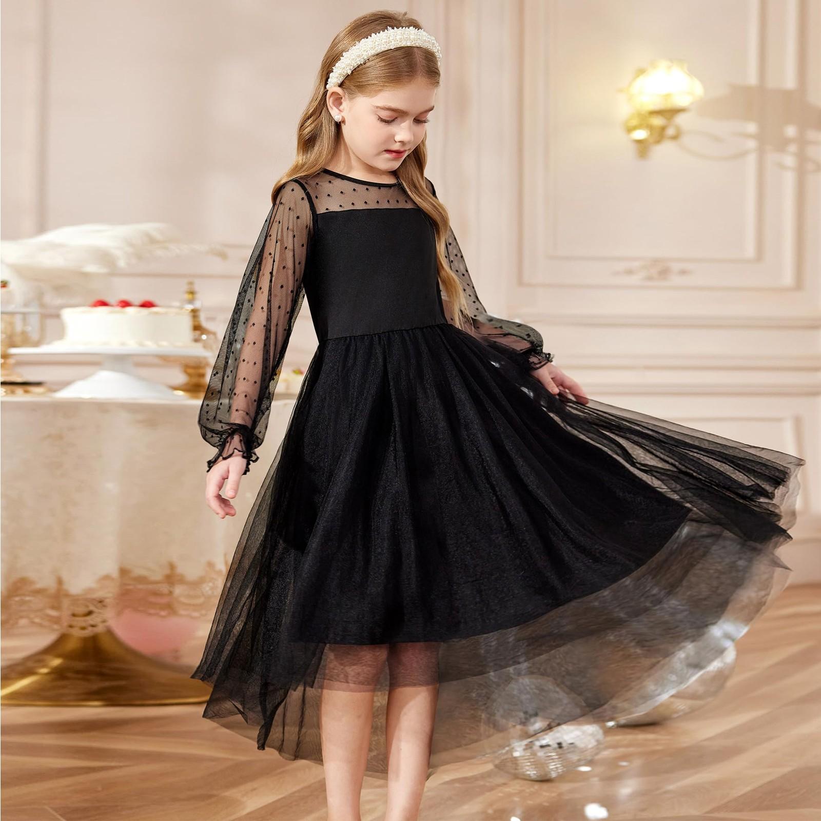 

Платья для девочек, контрастная сетка, длинный рукав, закрученный, высокий, низкий, вечернее платье для дня рождения 150 чёрный