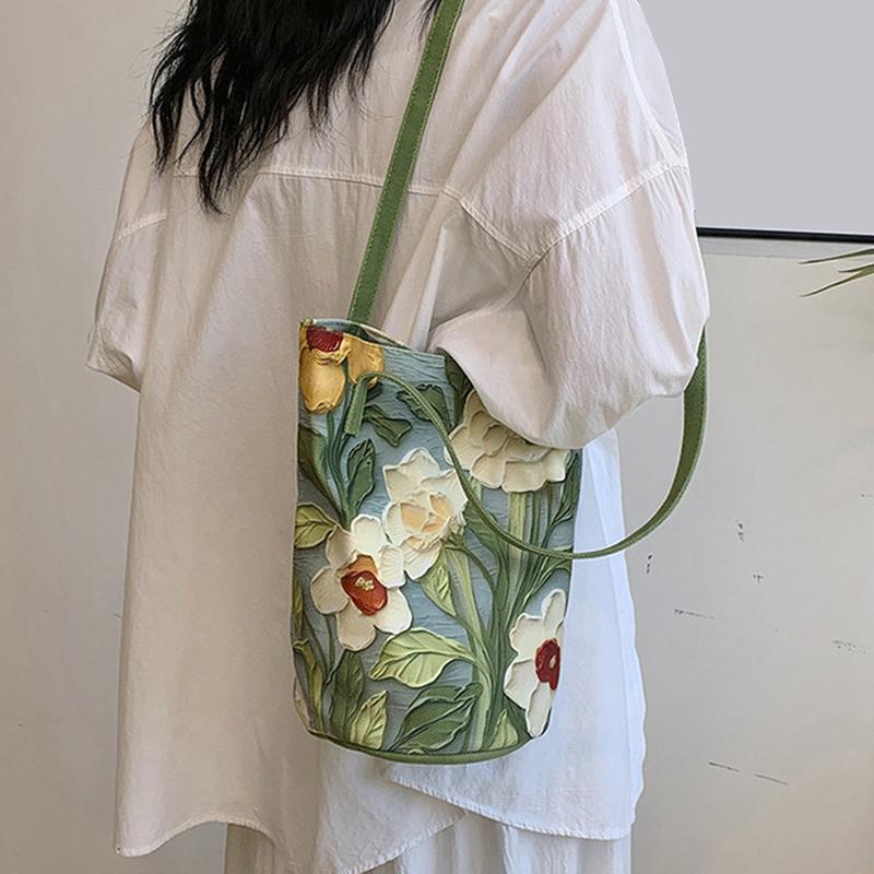 Neue Mode Blumenmuster Bucket Bag Canvas Lässige Umhängetasche Große Kapazität Kreative Handtasche für Damen