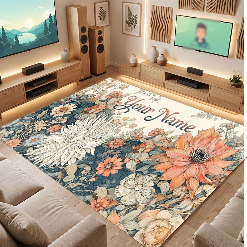 Floral Garden Theme Crystal Velvet Floor Rug Personalized Custom Name Text Warm Carpet Home Decoration