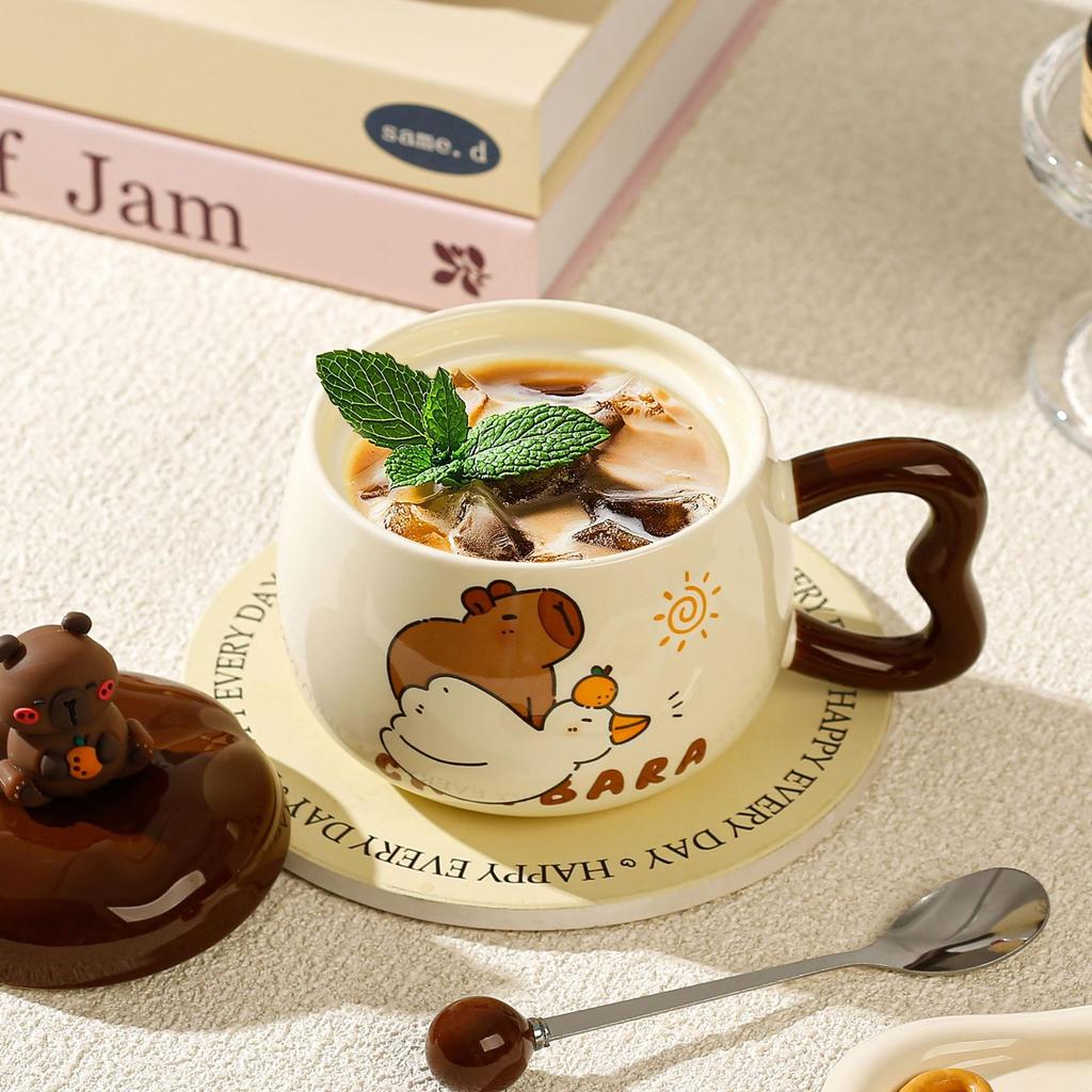 Cartoon Capibala Ceramic Mug with Lid Creative Coffee Milk Tea Water Cup Cute Children Breakfast Cup Household Drinkware