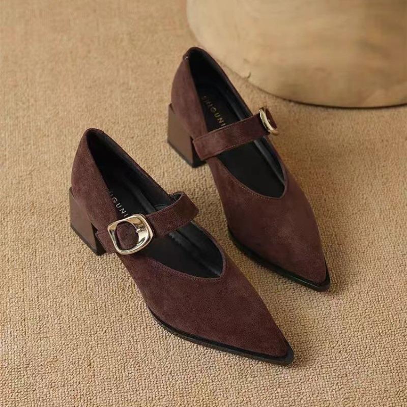 Autumn Deer Hide Velvet Mary Jane Shoes - French Retro Pointed-toe Shallow-toe High-heeled Single Shoes with Belt Buckle