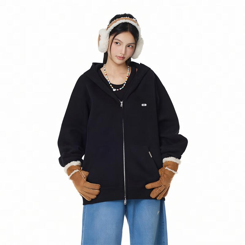 GROUND ZERO Unisex Embroidered Two-Way Zip Hooded Sweatshirt
