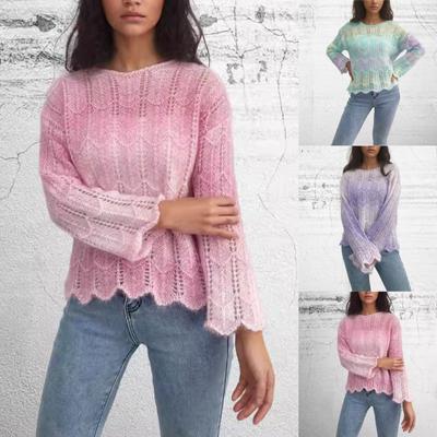 Women's Fashion Flare Sleeve Rainbow Sweater Word Neck Hollow Loose Knit Sweater