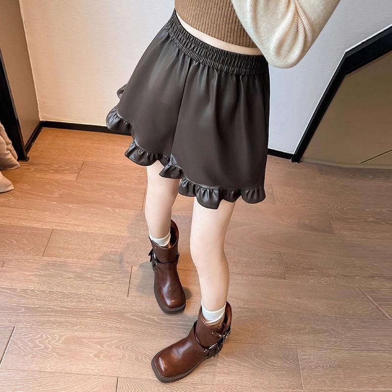 Women Coffee Ruffle Trim PU Leather Shorts Y2K Maillard A Line Hot Pants Autumn Winter