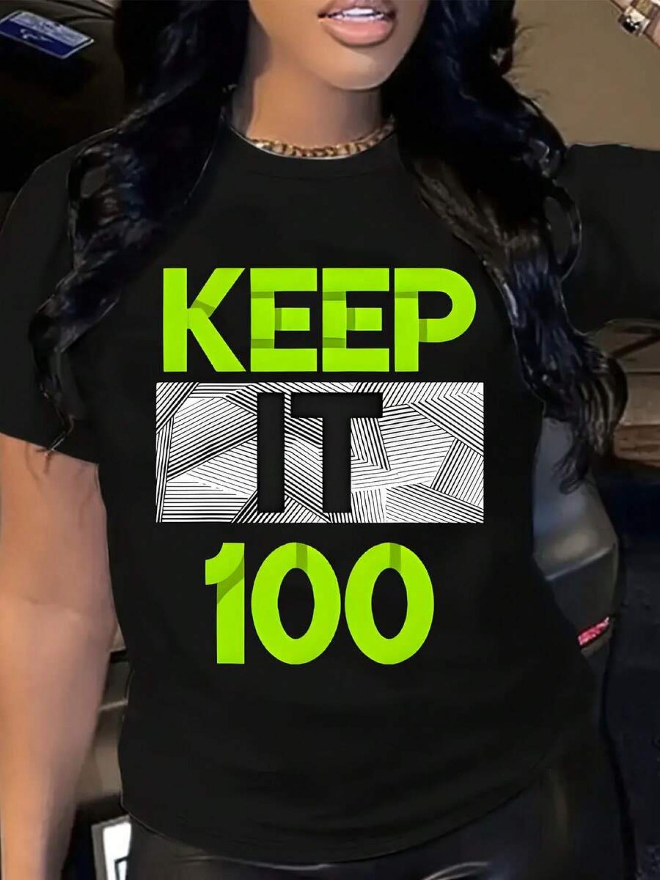 

Женская графическая футболка Keep It 100 - Неоново-зеленый текст с смелым дизайном - Повседневная футболка с круглым вырезом для повседневной одежды sport Athleisure S чёрный