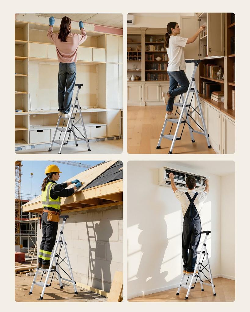 4 Step Ladder, Folding Step Stool with Wide Anti-Slip Pedal and Comfort Handgrip, 150 kg Capacity Portable Aluminum Stepladder, Multi-Use for Kitchen,