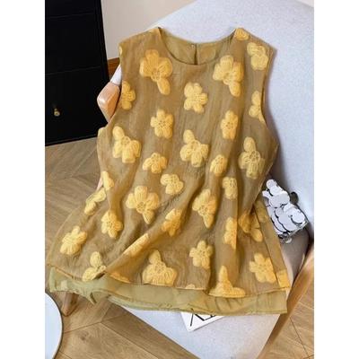 Women's Khaki Floral Embroidery Tank Top Sleeveless Double-Layer Casual Blouse