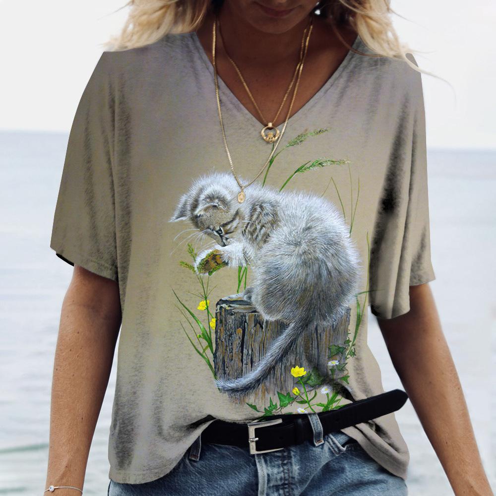 2025 Summer New 3D Cat Print Tee Loose Retro Women's V-neck Short Sleeved Street Style T-shirt Casual Top