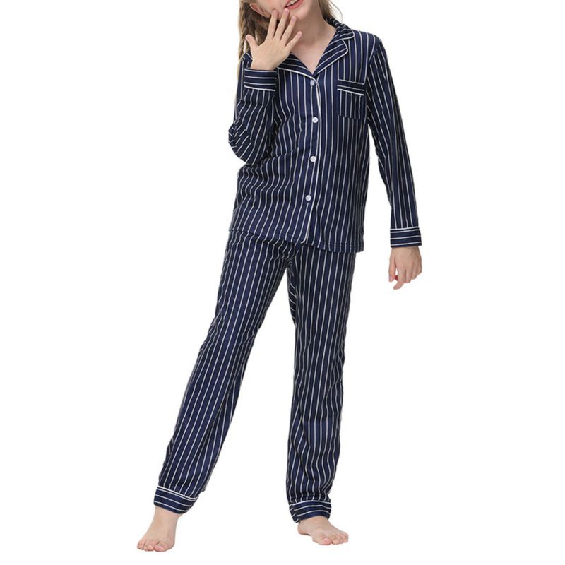 5-14 let Dětský Dívčí Pyžamový Set Dlouhý Rukáv Knoflíkový Top a Kalhoty Domácí Oblečení