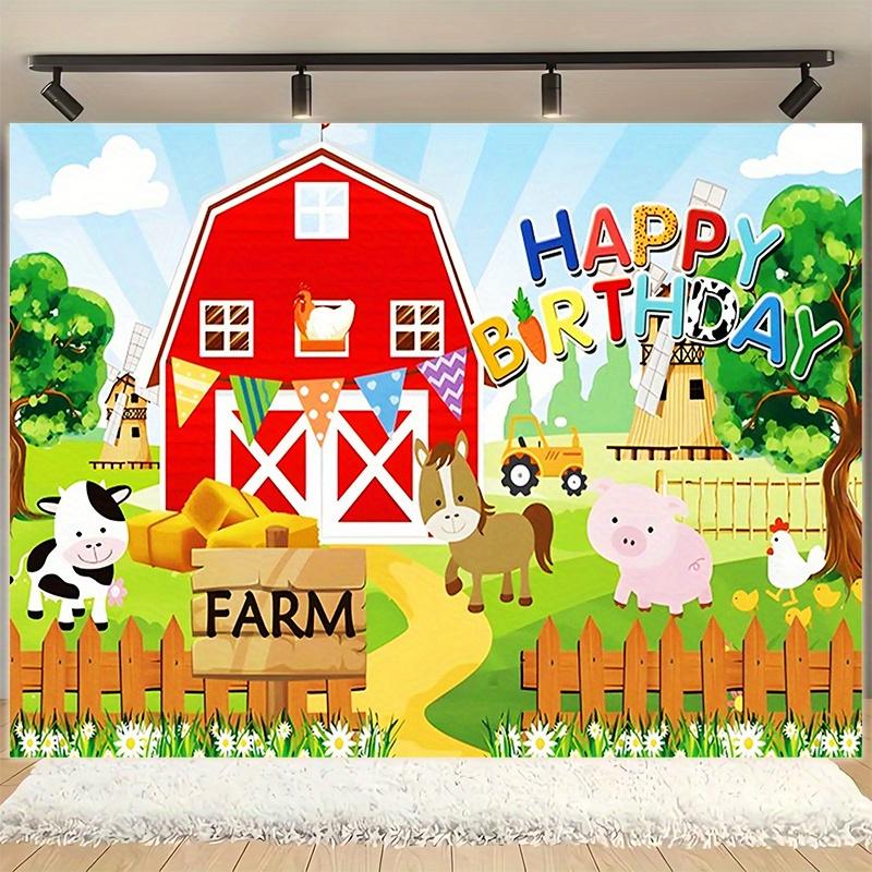 Bauernhaus-Tier-Holzzaun im Cartoon-Stil - Geburtstagsparty-Zubehör - Polyesterstoff-Fotohintergrund und Party-Banner