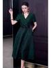 French Spring/Summer 2026 Women's V-Neck Black Bow Tie Jacquard Dress with Waist-Cinching and Wide Hem.