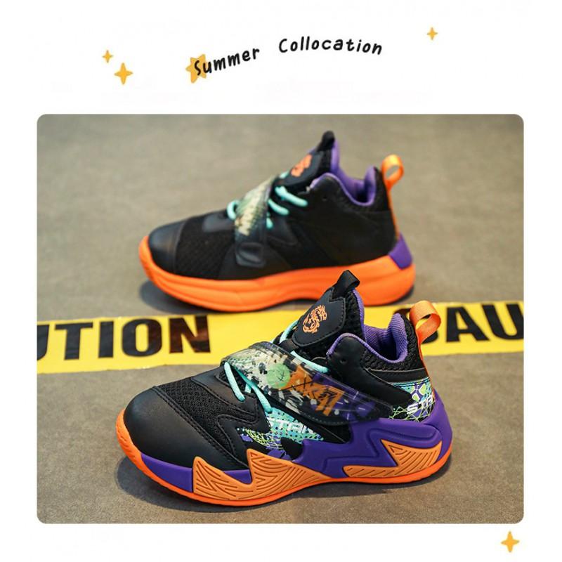 Kids Basketball Shoes Boys Non-Slip Durable Training Sneakers With Breathable Mesh Upper Hook-and-Loop