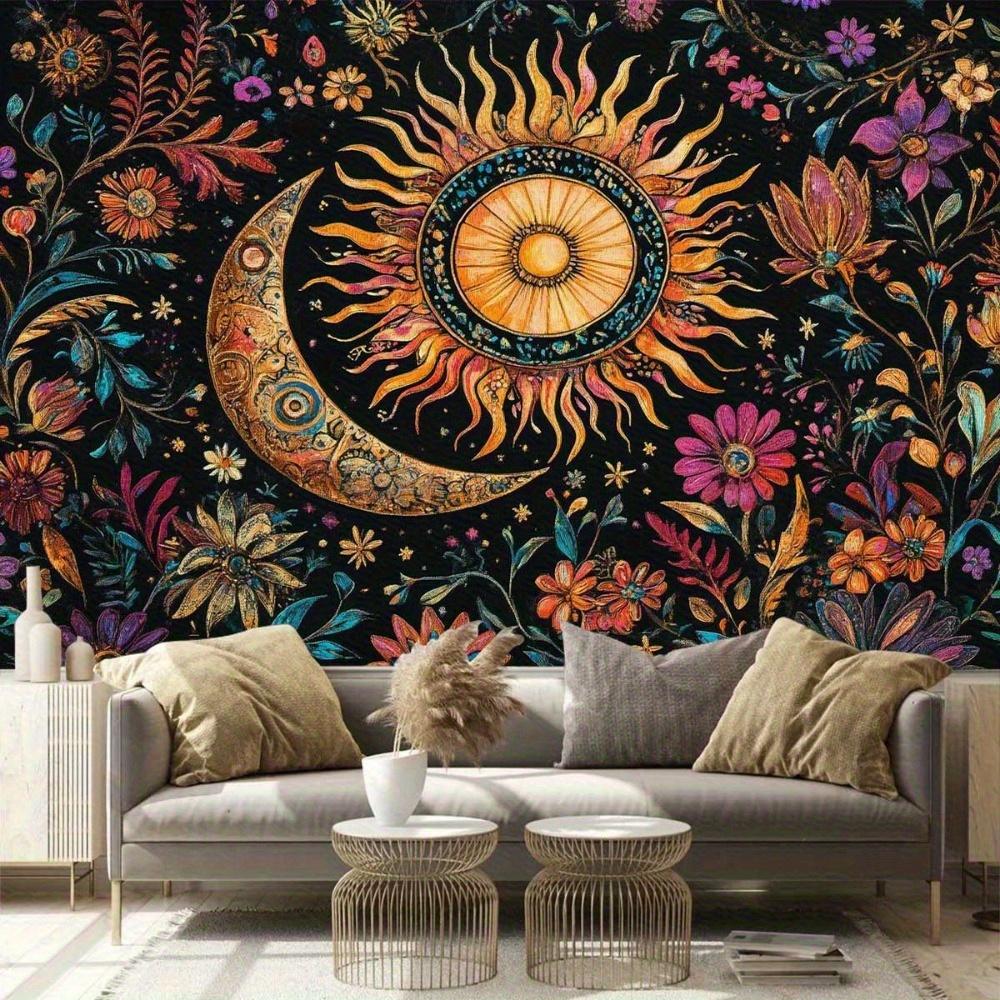 1pc Bohemian Tarot Sun and Moon Tapestry Wall Hanging-Vibrant Starry Floral Pattern Polyester, for Living Room and Bedroom Decor