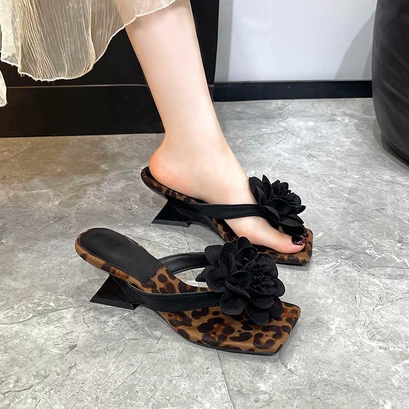 Mode Luipaard Bloemen Hoge Hakken Dames Sandalen Feest Vierkante Neus Jurk Schoenen Zomer Slippers 2025 Nieuwe Designer Nieuwe Dames Slides