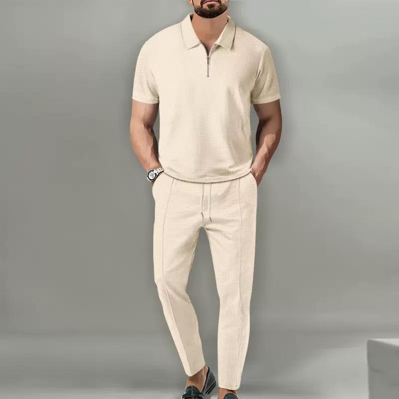 Mens Waffle Fabric Half Zip Collar Short Sleeve Top And Long Pants Casual Sports Set