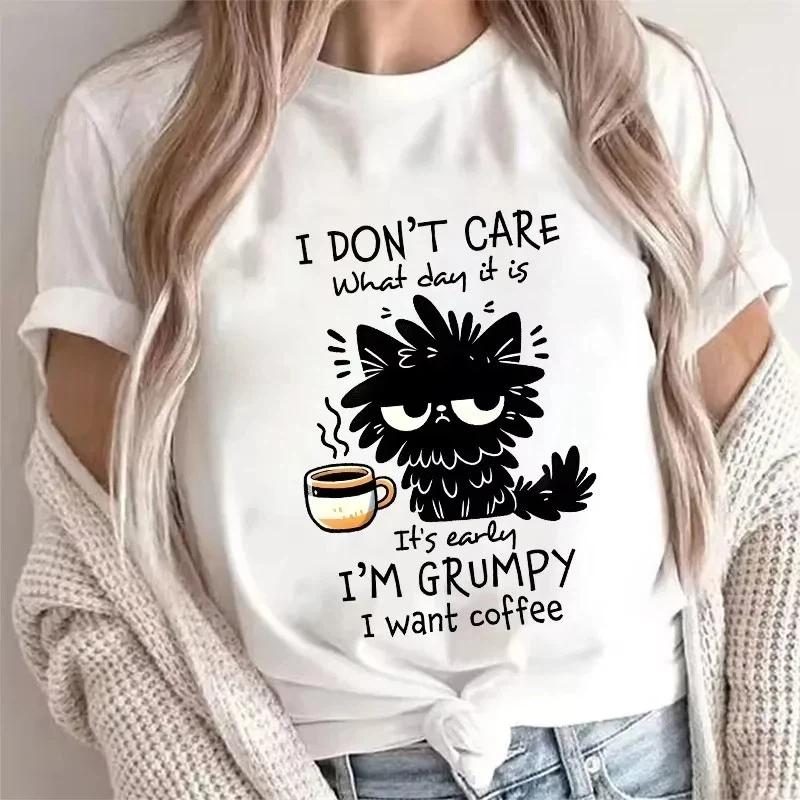 

Футболка I Want Coffee для женщин с забавным котом, летняя футболка с коротким рукавом Y2k, модные футболки в стиле хип-хоп, одежда XS