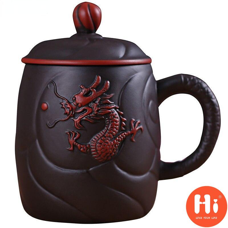 Hi fialová hlína reliéfní dračí šálky na čaj Retro hrnek na čaj s víčkem a infuzérem Ručně vyrobený šálek na vodu Nádobí na pití