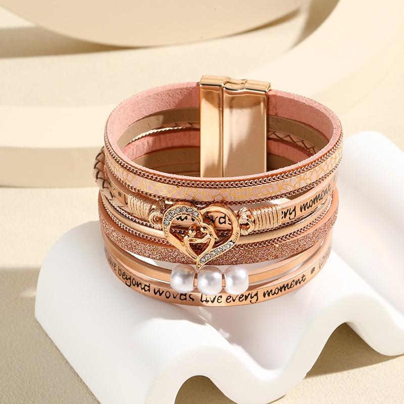 Boho Layered Leather Bracelet With Heart Charm Adjustable Opening Bangle Women Girls Fashion Accessory