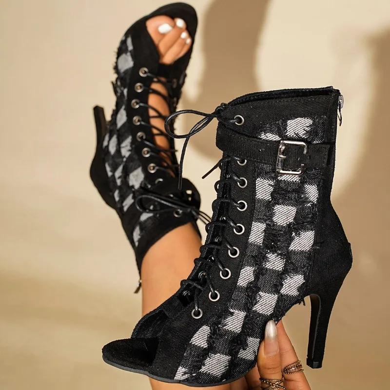 Fashion Women High-heeled Cool Boots Fashion Pointed Summer Ankle Boot Open Toe Fish Mouth Cool Boots for Women Lace Up Canvas Cool Boot