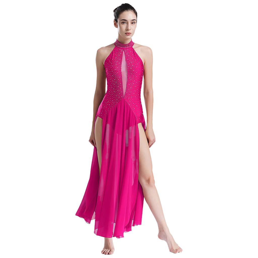 Damen Lyrisches Tanzkostüm Neckholder Träger Rücken Design Glänzende Strasssteine Schlitzkleid Bühnenauftritt Outfit