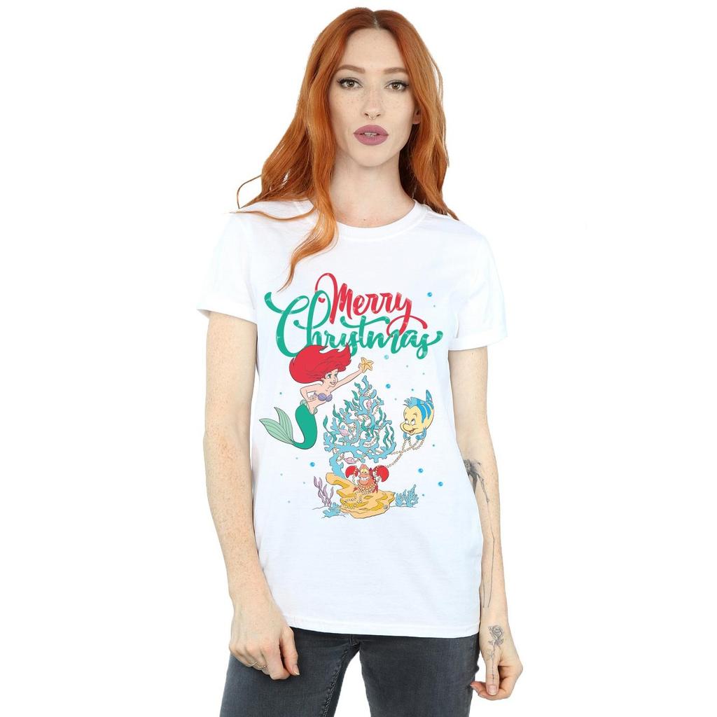Disney Womens/Ladies Princess Ariel Merry Christmas Cotton Boyfriend T-Shirt