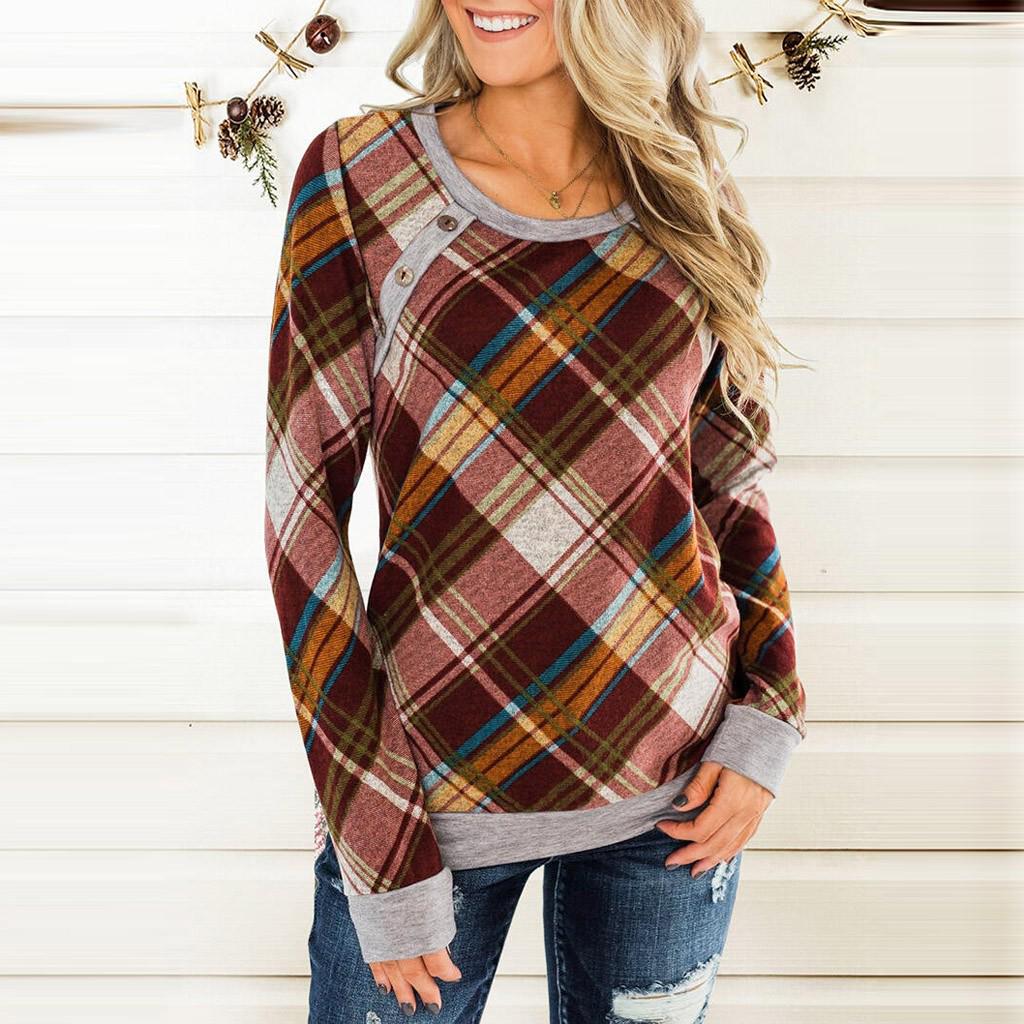 Plaid Floral Patchwork Round Neck Long Sleeve Top