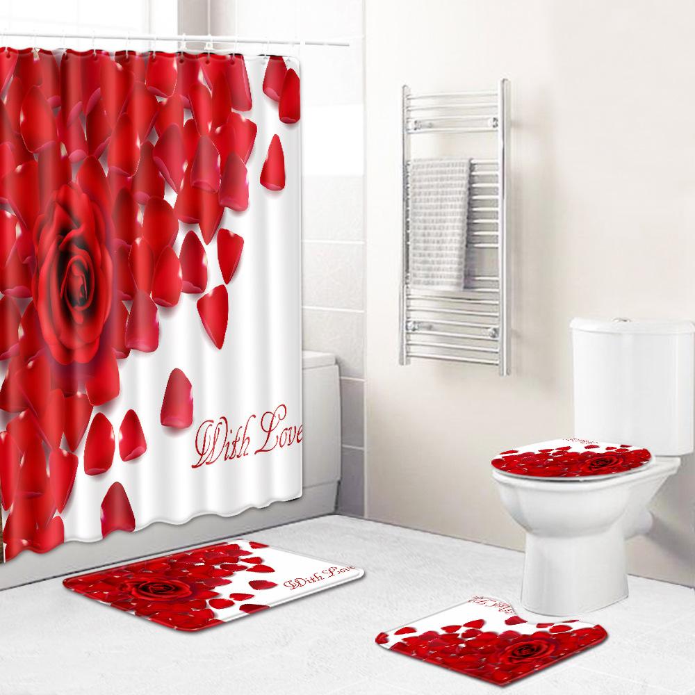 Valentine'S Day Toilet Shower Curtain Four-Piece Printed Floor Mat Set Bathroom Floor Mat Bedroom Absorbent Door Mat Carpet
