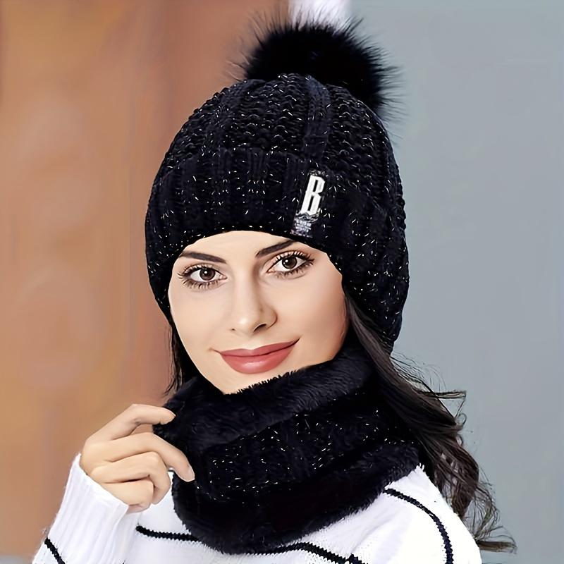 2pcs Knit Hat Scarf Set Thick Plush Windproof Cozy Warm for Autumn/Winter Hat